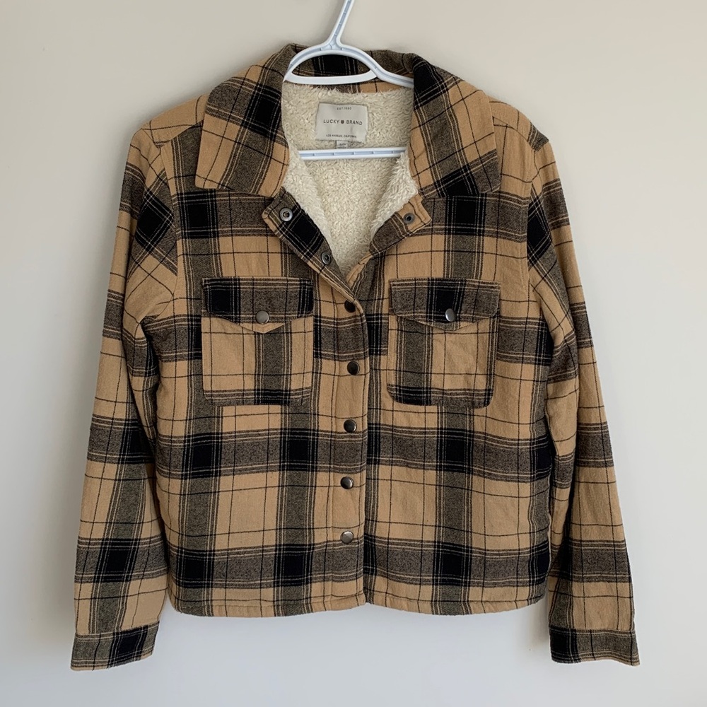 Lucky Brand Tan and Black Checkered Sherpa Jacket